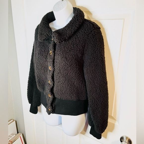 Black Sherpa Button Down Bomber Jacket- HYFVE - Picture 9 of 12